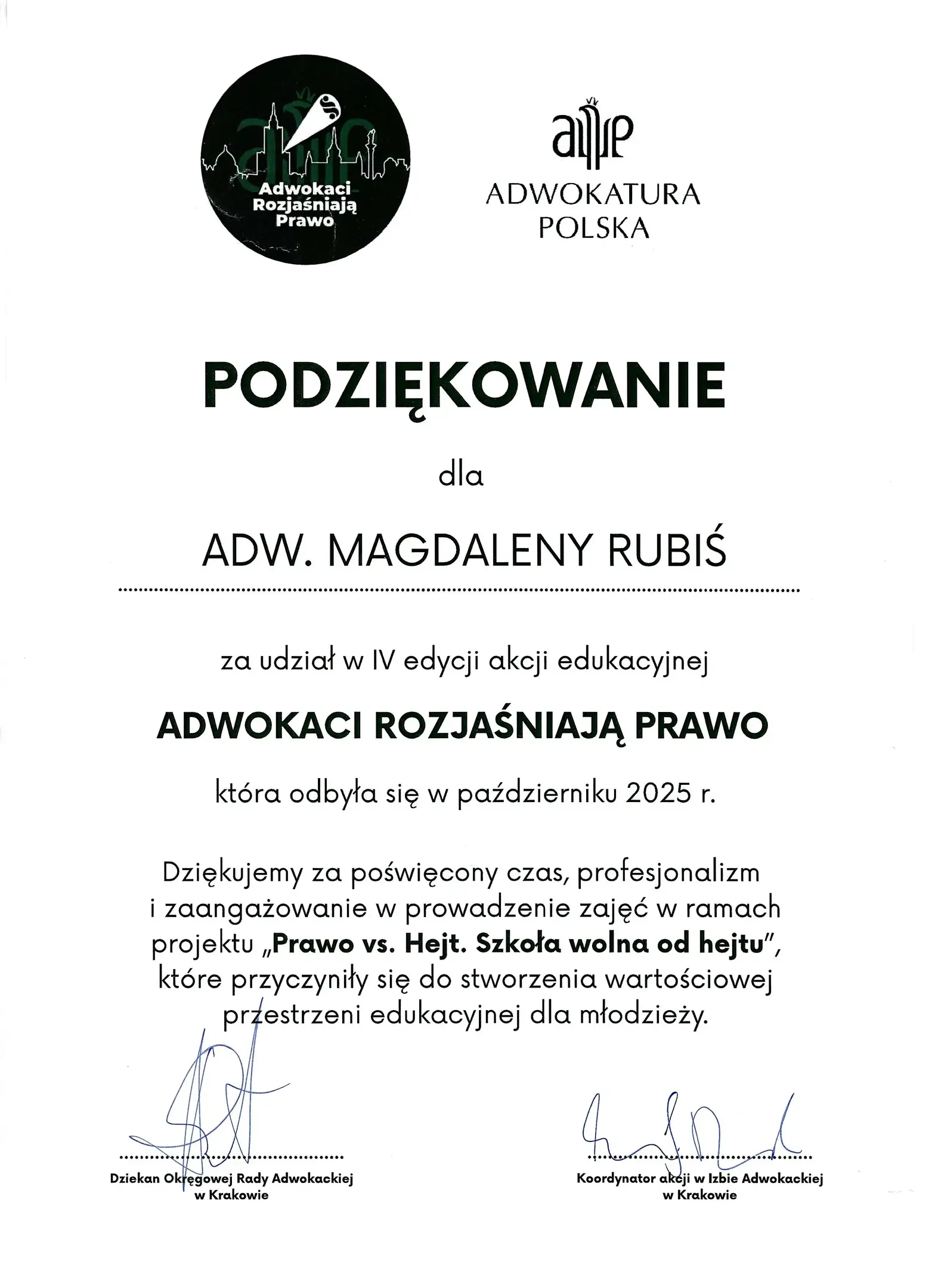 Akcja Adwokaci Rozjaśniają Prawo - Prawo vs. Hejt. Szkoła wolna od hejtu — referencja