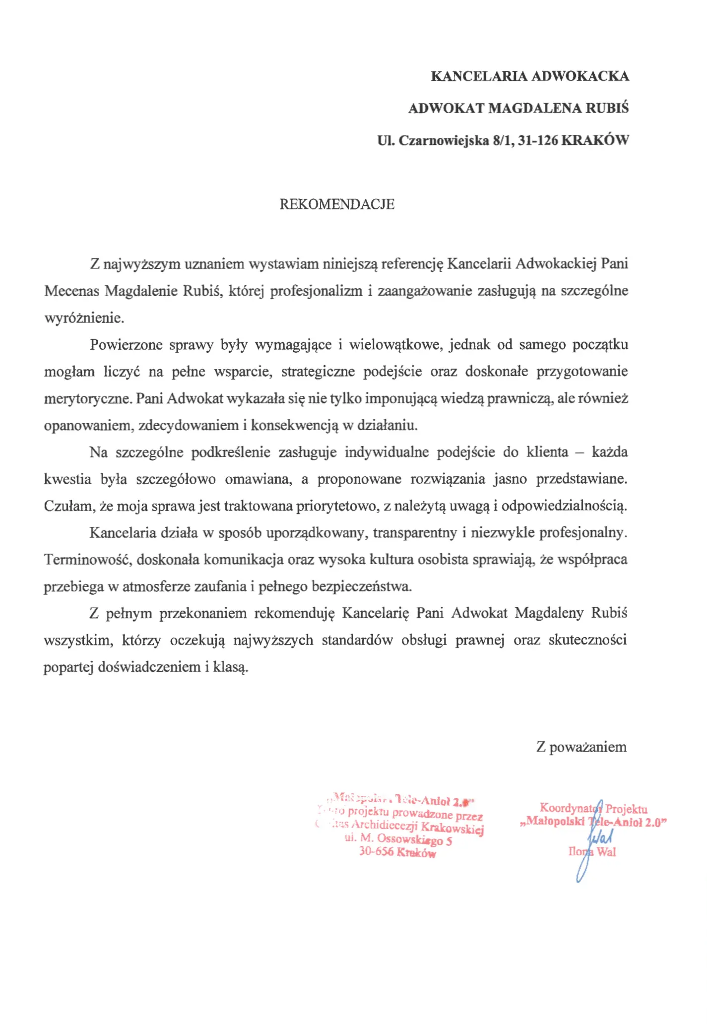 Caritas - Małopolski Tele-Anioł — referencja