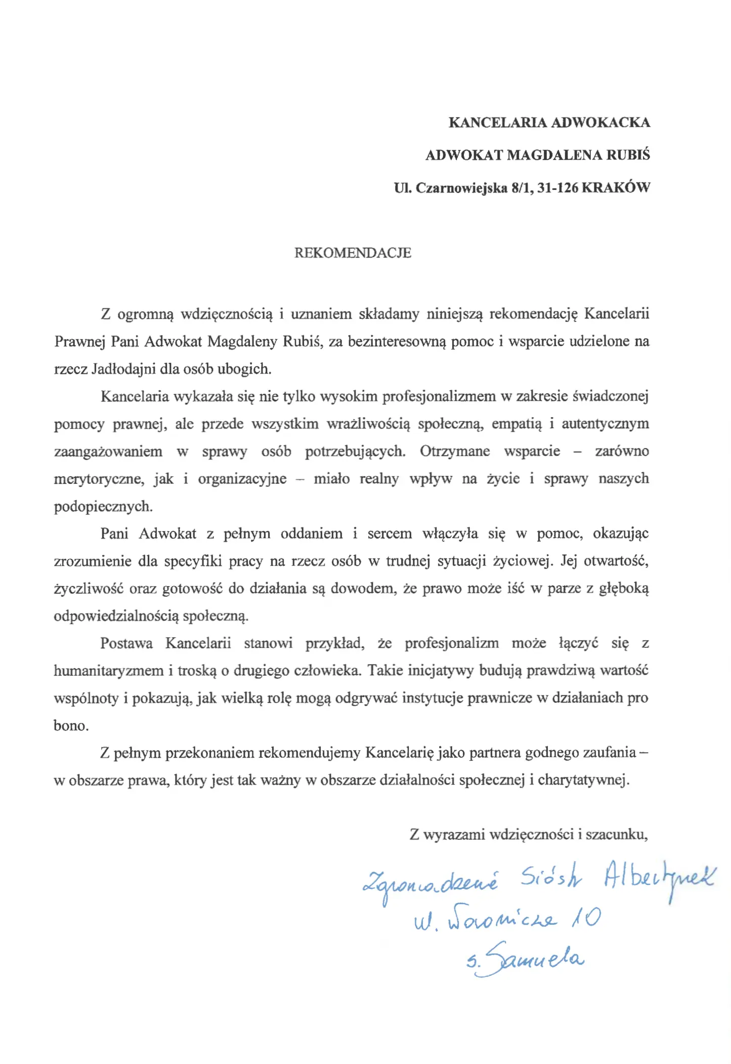 Zgromadzenie Sióstr Albertynek - Jadłodajnia dla bezdomnych — referencja