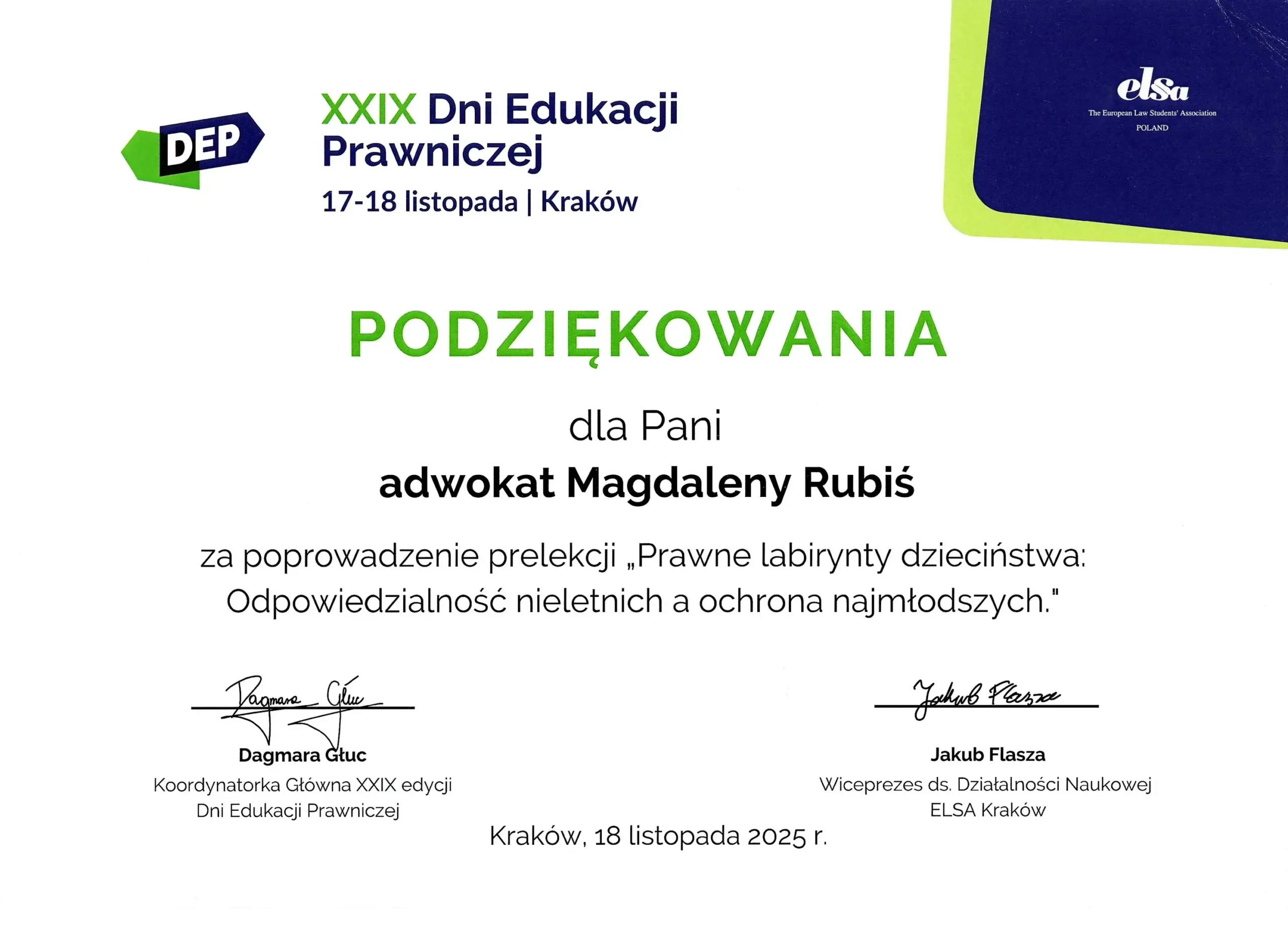 ELSA Kraków - XXIX Dni Edukacji Prawniczej — referencja