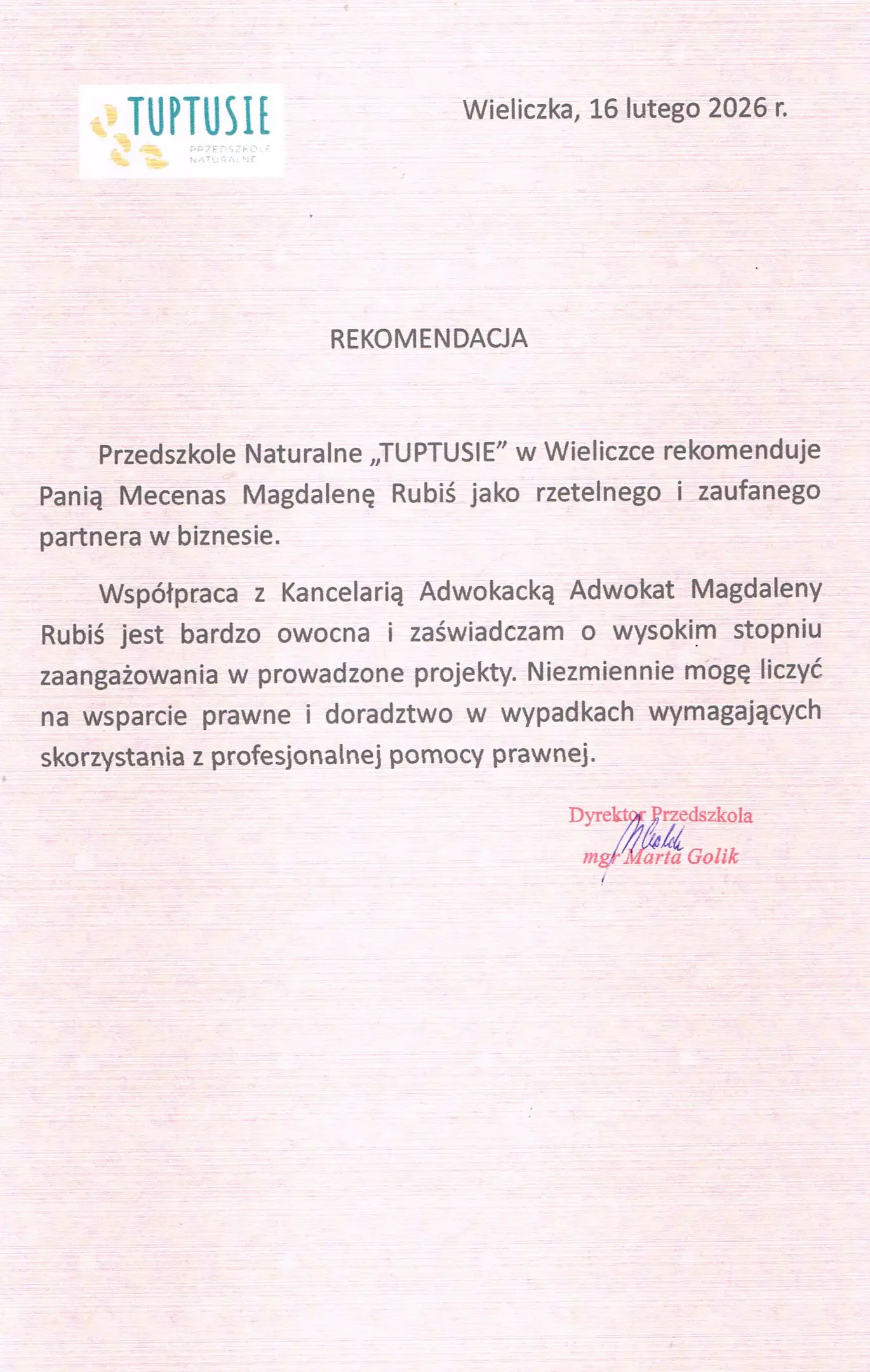 Przedszkole Naturalne „Tuptusie” w Wieliczce — referencja